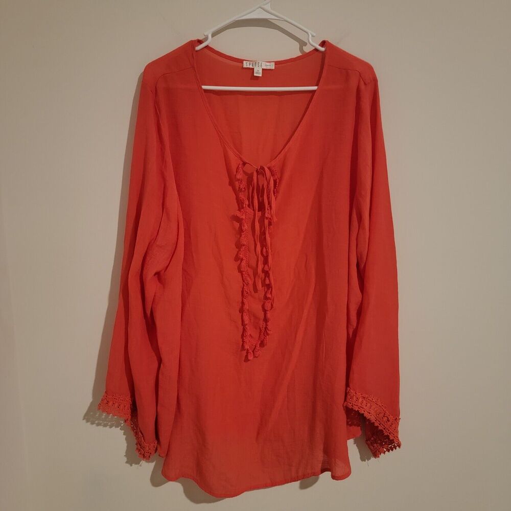 Spense Womens Size 2x Pink Blouse Peasant Boho‎ Tie Front Lace